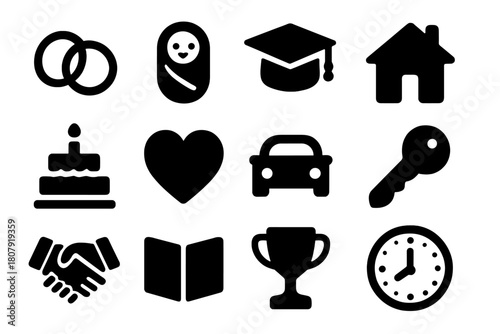 Life Milestones Icons. Life milestones. Solid icon set of life milestones: wedding ring, baby, graduation cap, house, cake, heart, car, key, handshake, book,