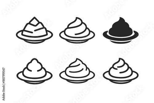 Mashed Potato Icons. Mashed potato mound. Icon set. Set Logo of mashed potato mound: swirl-patterned mashed potatoes served in a bowl. harmonious