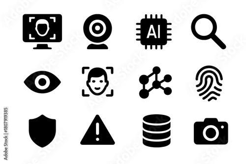 Deepfake Detection Icons. Deepfake detection technology. Solid icon set of Deepfake detection technology: computer, webcam, AI chip, magnifying glass, eye,