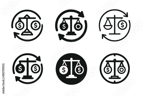 Financial Balance Icons. balance in financial investments. Icon set. Set Logo of balance in financial investments: circular arrow of financial equilibrium.