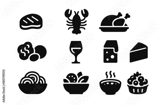 Luxury Meal Icons. Luxury Meals. Solid icon set of Luxury Meals: steak, lobster, roasted turkey, caviar, truffle, cheese platter, wine glass, chocolate cake,