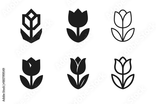 Tulip Logo Variations. Flowers. Icon set. Set Logo of Flowers: Tulip. harmonious logo variations of the same emblematic concept, each with different artistic