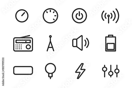 Radio Control Icons. Radio control. Line icon set of radio control: tuning knob, volume dial, power button, signal waves, AM/FM radio, antenna, speaker,