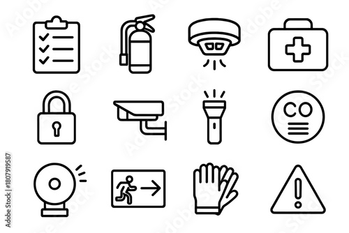 Home Safety Icons. Home safety tools. Line icon set of Home safety tools: smoke detector, fire extinguisher, first aid kit, lock, security camera, flashlight,