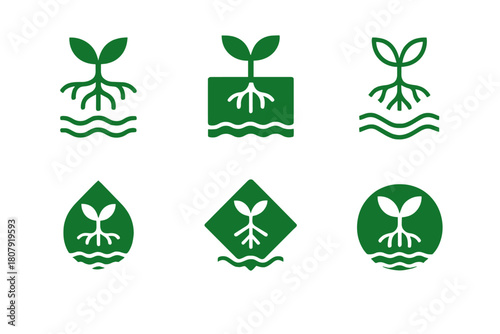 Eco Irrigation Logos. Eco-friendly irrigation. Icon set. Set Logo of eco-friendly irrigation: solar-powered water pump icon. harmonious logo variations of the