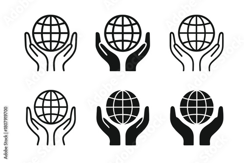 Moral Development Logos. Moral development. Icon set. Set Logo of Moral development: Hands holding globe. harmonious logo variations of the same emblematic