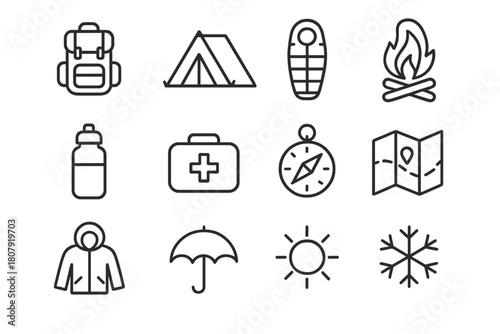 Extreme Kit Icons. Extreme conditions kit. Line icon set of Extreme conditions kit: backpack, tent, sleeping bag, fire, water bottle, first aid kit, compass,