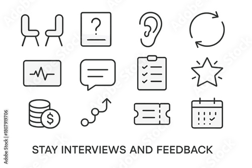Stay Interview Icons. Stay interviews and feedback. Line icon set of stay interviews and feedback: one-on-one chairs, question card, listening ear, feedback
