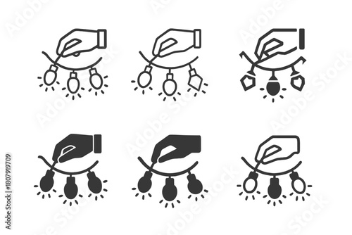 Outdoor Fairy Lights Icons. Setting up outdoor fairy lights. Icon set. Set Logo of setting up outdoor fairy lights: glowing string garland. harmonious logo
