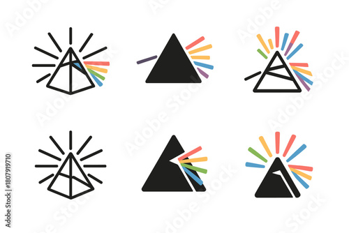 Prism Light Logos. Flash of brilliance. Icon set. Set Logo of flash of brilliance: prism scattering light beams in all directions. harmonious logo variations