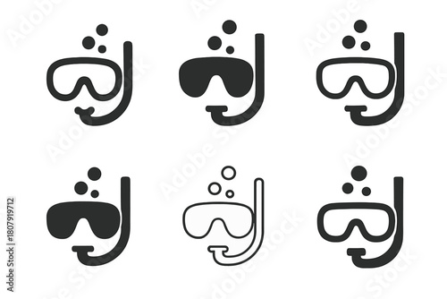 Snorkeling Mask Logos. Snorkeling mask. Icon set. Set Logo of Snorkeling mask: Mask strap detail. harmonious logo variations of the same emblematic concept,