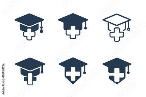 Digital Health Logos. Digital health education. Icon set. Set Logo of Digital Health Education: graduation cap combined with a medical cross. harmonious logo