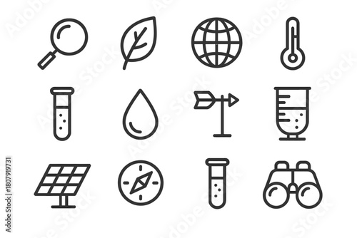 Environmental Tools Icons. Environmental Science Tools. Line icon set of Environmental Science Tools: magnifying glass, leaf, globe, thermometer, test tube,