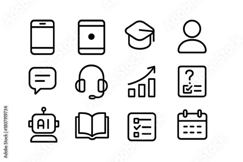 Mobile Learning Icons. Mobile learning. Line icon set of Mobile learning: smartphone, tablet, app icon, user profile, chat bubble, headphones, progress chart,