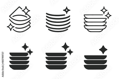 Stacked Plates Icons. Stacking clean plates. Icon set. Set Logo of stacking clean plates: tidy kitchen counter. harmonious logo variations of the