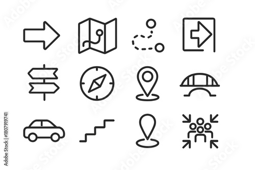 Evacuation Route Icons. Evacuation routes. Line icon set of evacuation routes: directional arrow, map, path line, exit door, street sign, compass, route