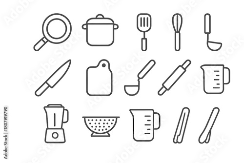 Cooking Tools Icons. Cooking tools. Line icon set of Cooking tools: frying pan, pot, spatula, whisk, knife, cutting board, ladle, rolling pin, blender,