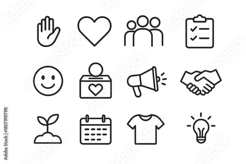 Volunteering Icons Grid. Volunteering. Line icon set of Volunteering: helping hand, heart, people group, clipboard, smiley face, charity box, megaphone,