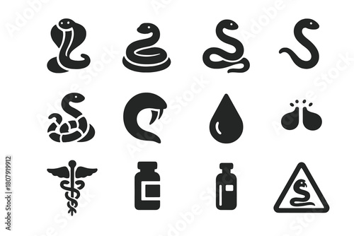 Venomous Snakes Icons. Venomous Snakes. Solid icon set of Venomous Snakes: cobra, viper, rattlesnake, mamba, coral snake, pit viper, fang closeup, venom drop,