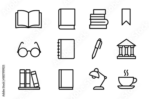 Reading Icons Collection. Reading time. Line icon set of Reading time: open book, closed book, stack of books, bookmark, reading glasses, notebook, pen,