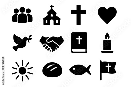 Christian Symbol Icons. Christian community. Solid icon set of Christian community: people group, church, cross, heart, dove, handshake, bible, candle, rays,