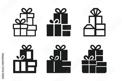 Stacked Gift Icons. Presents stacked up. Icon set. Set Logo of Presents stacked up: Gift bag. harmonious logo variations of the same emblematic concept