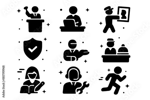 Auction Staff Icons. Auctioneer and staff. Solid icons set of Auctioneer and staff: auctioneer at podium, clerk typing, ringman pointing, porter carrying art,