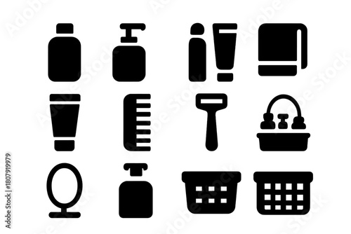 Toiletry Icon Collection. Toiletry Storage. Solid icon set of Toiletry Storage: shampoo bottle, conditioner bottle, soap dispenser, toothbrush, toothpaste,