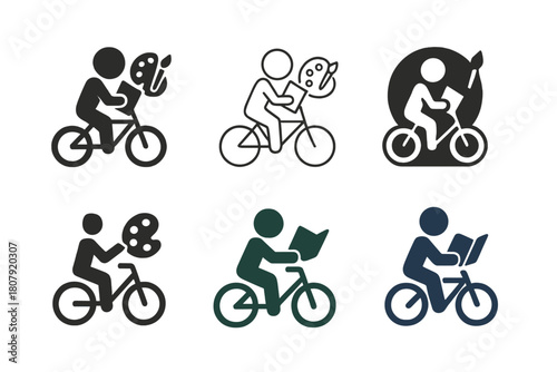 Children's Hobby Icons. Children's hobbies (reading, cycling, painting). Icon set. Set Logo of children's hobbies: outdoor cycling scene. harmonious logo