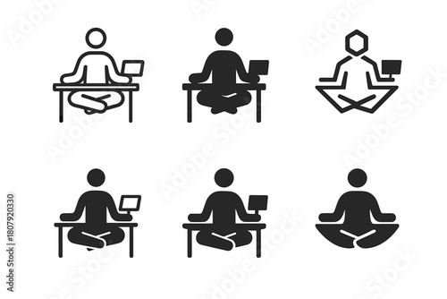 Workplace Meditation Icons. Handling workplace stress and managerial support. Icon set. Set Logo of Calm Mind: Person meditating at desk. Minimal outline,