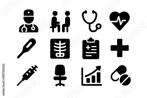 Medical Icon Set. Medical Support. Solid icon set of Medical Support: doctor, nurse, hospital, stethoscope, wheelchair, ambulance, prescription, medical cross,