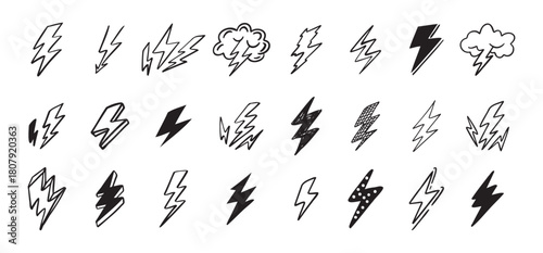 Doodle set lightning line art. Hand drawn lightning icons