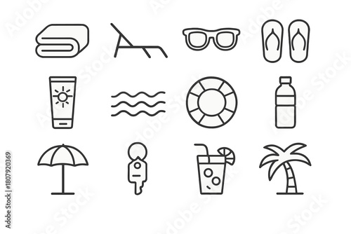 Poolside Essentials Icons. Pool towels. Line icon set of pool towels: folded towel, pool chair, sunglasses, flip-flops, sunscreen, wave icon, lifebuoy, water