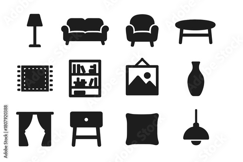 Monochrome Icon Set. Monochrome Aesthetics. Solid icon set of Monochrome Aesthetics: floor lamp, sofa, armchair, coffee table, rug, bookshelf, wall art, vase,