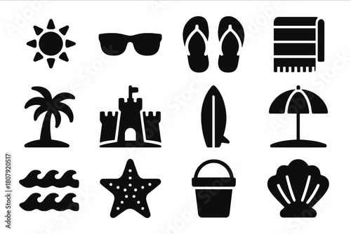 Summer Icon Grid. Summer Vacation. Solid icon set of Summer Vacation: sun, sunglasses, flip flops, beach towel, palm tree, sandcastle, surfboard, beach