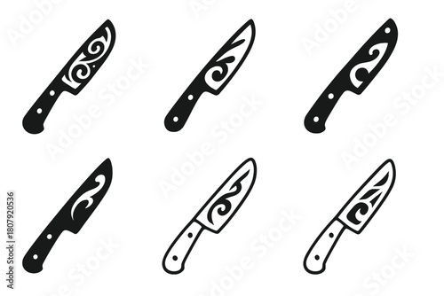 Carving Knife Logos. Carving knife. Icon set. Set Logo of Carving knife: Chef?s carving knife. harmonious logo variations of the same emblematic concept, each