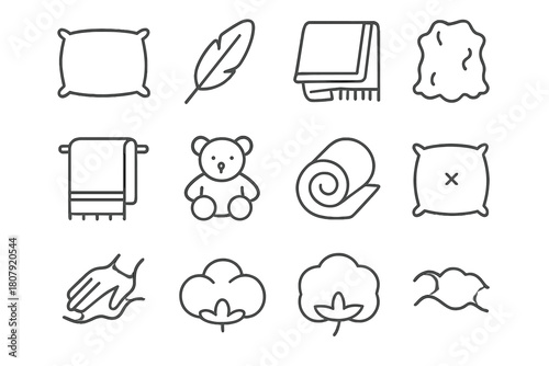 Soft Texture Icons. Soft Textures. Line icon set of Soft Textures: pillow, feather, blanket, fur rug, towel, plush toy, fabric roll, cushion, hand touching