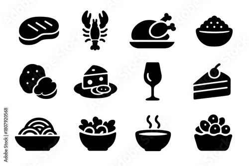 Luxury Meal Icons. Luxury Meals. Solid icon set of Luxury Meals: steak, lobster, roasted turkey, caviar, truffle, cheese platter, wine glass, chocolate cake,