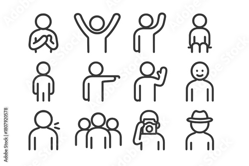 Audience Reaction Icons. Audience reaction. Line icon set of Audience reaction: person clapping, person cheering, person raising hand, person sitting, person