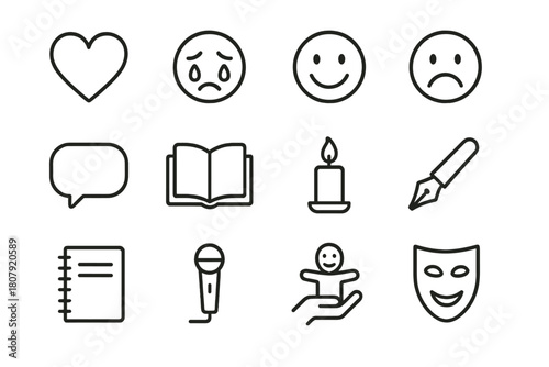 Emotion Icon Set. Emotion-driven storytelling. Line icon set of emotion-driven storytelling: heart, tears, smile, frown, speech bubble, book, candle, pen,