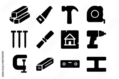 Woodworking Tools Icons. Wood framing. Solid icon set of wood framing: lumber, saw, hammer, measuring tape, nails, chisel, blueprint, drill, clamp, plank,