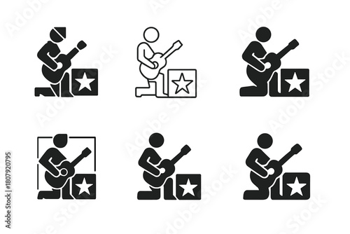 Hollywood Boulevard Icons. Hollywood Boulevard. Icon set. Set Logo of Hollywood Boulevard: street performer silhouette with guitar next to star tile.