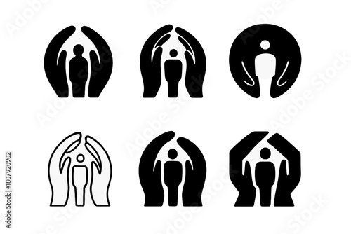 Depression Wall Logos. Wall of depression closing in around a figure. Icon set. Set Logo of wall of depression closing in around a figure: circular barrier of