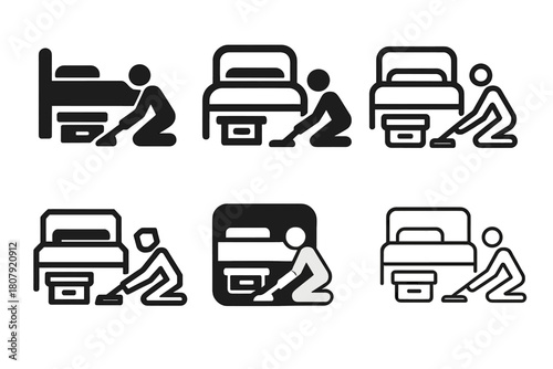 Underbed Storage Icons. Cleaning under the bed. Icon set. Set Logo of Cleaning under the bed: Storage boxes under bed. harmonious logo variations of the same