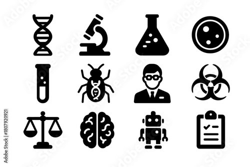 Genetic Engineering Icons. Genetic Engineering. Solid icon set of Genetic Engineering: DNA strand, microscope, lab flask, petri dish, test tube, artificial