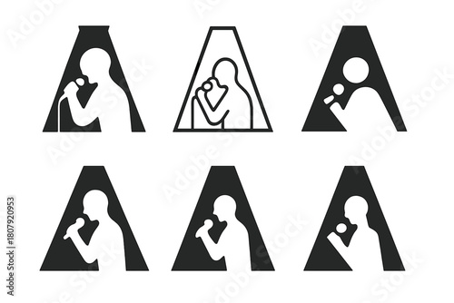 Singer Emblem Variations. Singer in spotlight. Icon set. Set Logo of singer in spotlight: singer silhouette on stage. harmonious logo variations of the same