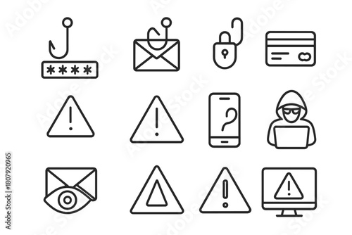 Phishing Icon Set. Phishing attack. Line icon set of phishing attack: hook, email, lock, credit card, password, alert triangle, smartphone, hacker, envelope,