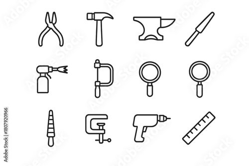 Jewelry Crafting Tools Icons. Jewelry Crafting Tools. Line icon set of Jewelry Crafting Tools: pliers, hammer, anvil, file, torch, saw, magnifying glass, ring