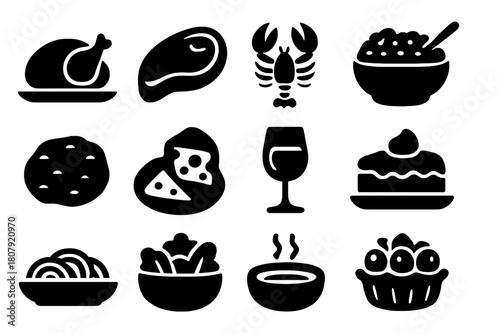 Elegant Icon Feast. Rich Dishes. Solid icon set of Rich Dishes: roasted turkey, steak, lobster, caviar, truffle, cheese platter, wine glass, chocolate cake,