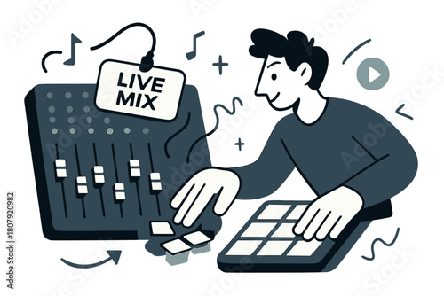 Dynamic Sound Production. Soundboard & production. Faders glide as colored LEDs hop to the beat; ?Live mix? tag hangs on a cable. A hand taps a pad that bursts
